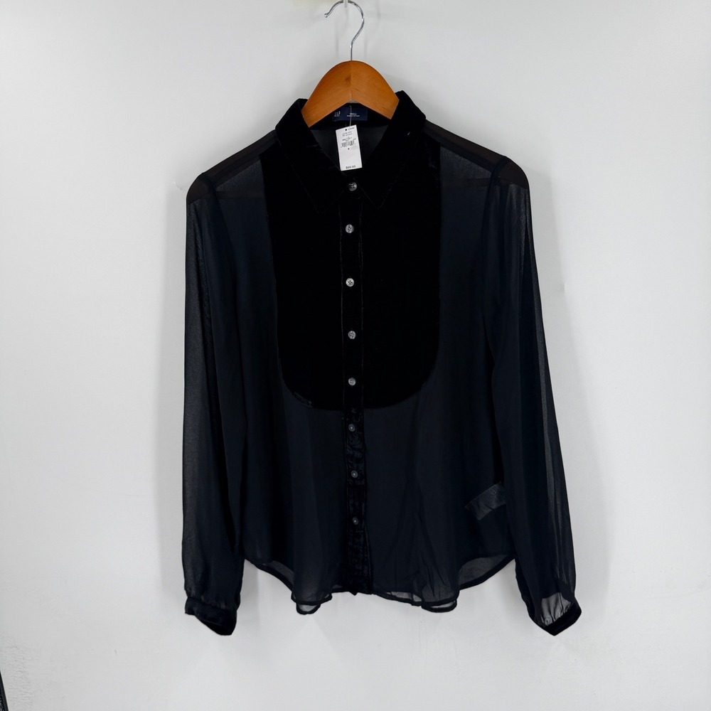 GAP Sheer Button Up Blouse Black S Velvet Trim Tuxedo Bib Gothic Dark Academia